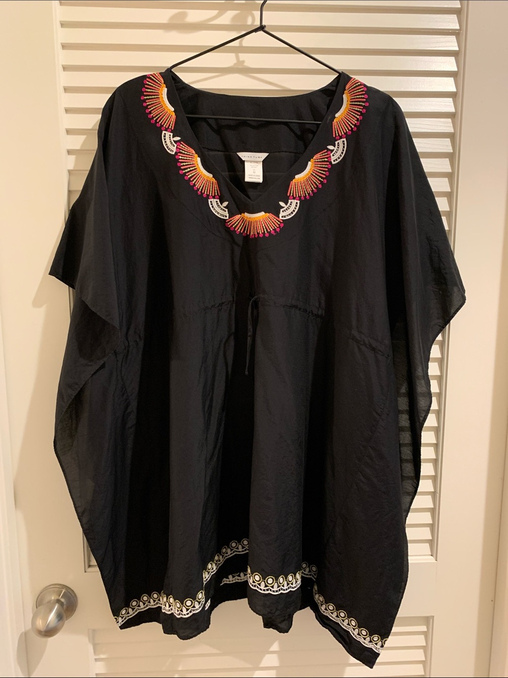 Trina Turk Embroidered Silk Cotton Black Short Caftan Swim Cover Up Size M